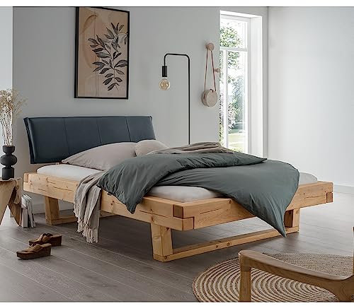Lomadox Doppelbett Ehebett Bett Echtholz Massivholz, 200x200 cm, Fichte massiv, schwarzes Echtleder-Kopfteil, Massivholzkufen, B/H/T ca. 218/88/228 cm
