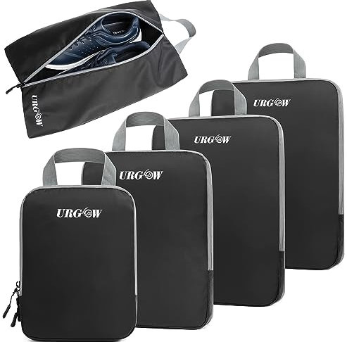 URGOW 5 Teilige Kompression Koffer Organizer Set für Rucksack Compression Packing Cubes Packwürfel Kofferorganizer Packtaschen Kleidertaschen für Koffer Reiseorganizer (Schwarz)