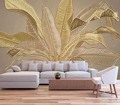 BELOKA Papier Peint Panoramique 3D Feuille De Bananier D'Or Papier Peint 3D Intissé Moderne Décoration Murale