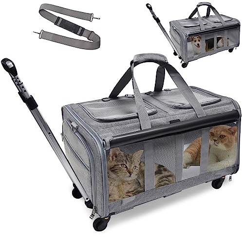 GOYJOY Haustier-Rolltasche mit zwei Fächern und Rädern für 2 Haustiere, hält bis zu 15,9 kg, Rolltasche für 2 Katzen, super belüftetes Design, ideal für Reisen/Wandern/Camping