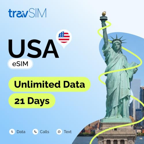 travSIM USA eSIM | T-Mobile Netz | Unbegrenzte Daten, Anrufe & Texte in den USA | e SIM Amerika funktioniert auf eSIM kompatiblen iOS & Android Geräten | e SIM Karte USA 21 Tage