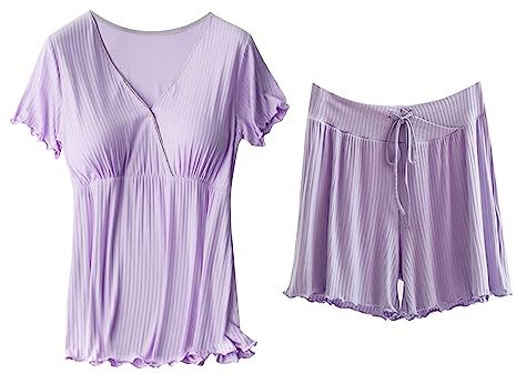 Pregnant Clothing Women Maternity Leisure Short Sleeve No Wear Bra Breastfeeding Multicoloured 7 Colour Postpartum Loungewear Dungarees, purple, XXXL