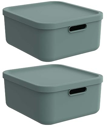 Rotho Albula Aufbewahrungsbox mit Deckel 20 L 2er-Set Stapelboxen Grün | Aufbewahrungsboxen, jede Box mit Deckel, zwei Boxen, sicher verschließbar, nestbar, zwei Griffe, recycelter Kunststoff