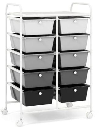 COSTWAY Rollwagen mit 10 stapelbaren Schubladen, Schubladenwagen Rollcontainer mit Metallgestell und Ablagefläche, Badrollwagen Aufbewahrungswagen für Büro, Wohnzimmer, 65,5 x 37 x 87 cm