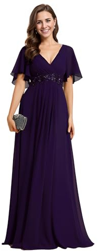 Ever-Pretty Vestito Donna Elegante Scollo a V Maniche a Volant Stile Lungo Abito Cerimonia Donna Viola Scuro 38