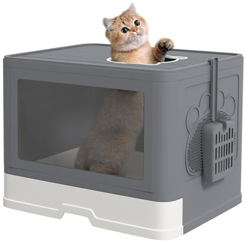 PawHut Katzentoilette mit Deckel Katzenklo Geschlossen 48,5 x 38 x 36,5cm | Katzenklo mit Schaufel, Toilette für Katzen bis 4 kg, Grau, Kunststoff, Indoor