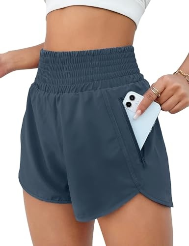 EUHOM Shorts Damen Sommer Sport Shorts 2 in 1 Laufshorts High Waist Kurze Hosen Schnelltrocknende Fitness Sporthose Running Yoga Jogging Trainingshose (Grau Blau, M)