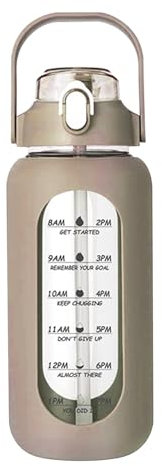 Cleminsta Borraccia in Vetro Borosilicato, Borraccia 1 Litro senza BPA con Cannuccia & Orari per Bere, Borraccia Sportiva con Manico Ideale per Sport/Ciclismo/Campeggio/Ufficio (Marrone)