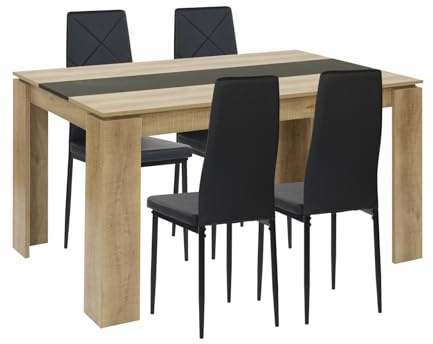 FURNITABLE Essgruppe mit 4 Stühlen,160x80 cm Esstisch + 4 Schwarz Stühle | Eichenoptik mit PU-Hochlehnern Sitzgruppe– Esszimmergruppe für 4 Personen, ideal für Esszimmer, Küche und modernes Wohnen