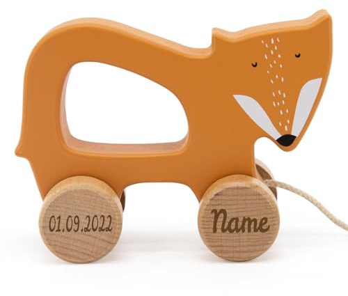 Trixie Nachziehtier Holz PERSONALISIERT mit Name und Datum graviert Motorikspielzeug Schiebetier Fuchs