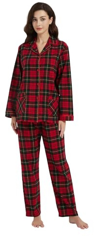 kolipajam Dampyjamasset i 100 % bomull flanell för kvinnor, garn, färgat mysigt, långärmad, vinterpyjamas för kvinnor, Röd och svart pläd 2, XL