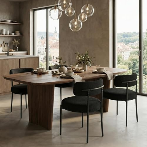 YU YUSING Lot de 4 Chaises de Salle à Manger Bouclettes Rembourrées en Tissu Teddy Ultra-épais, Chaises de Cuisine Salon Confortable Scandinaves, Design Rétro, Pieds en Métal, Restaurant, Noir