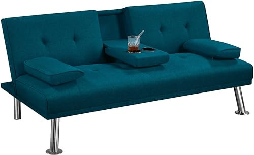 Yaheetech Divano Letto con 2 Braccioli Staccabili Divano Trasformabile Mobile Imbottito a 3 Posti Divanetto Reclinabile da Salotto con Supporto Centrale Porta Bicchieri Blu Acqua/Tessuto