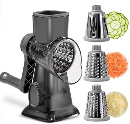 Rotary Cheese Grater Hand Crank Cheese Shredder Vegetable Slicer Graters for Kitchen 3 Interchangeable Blades Parmesan Cheese Grater Handheld - Easy to Use and Clean (Black)