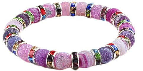 KnBoB Perlen Armband für Damen Herren 8MM, Silber Bunt Achat Zirkonia Stein Elastisch Armbänder 18CM, Modeschmuck