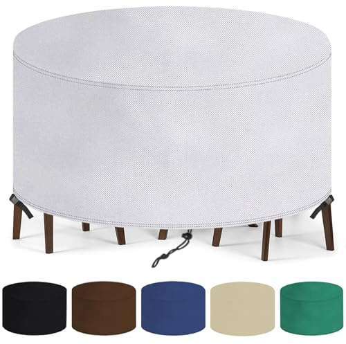Copertura per Tavolo Esterno Rotondo 110x110cm(ØxH)Copertura per Mobili da Giardino Impermeabile,Antivento,Anti-UV,Resistente Allo Strappo,420D Oxford Tessuto Protettivo per Tavolo e Sedie-Argento
