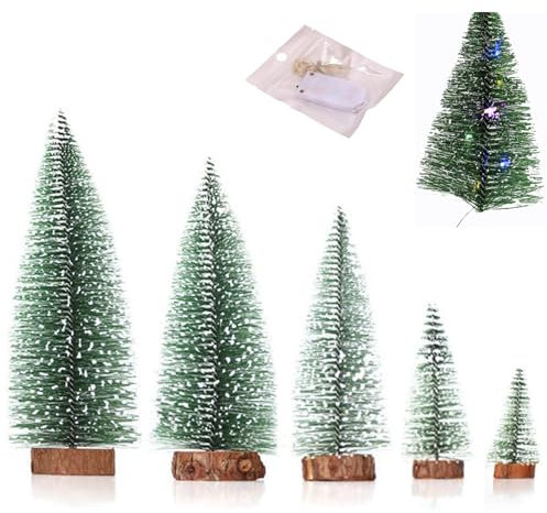 Bhina 5 Pezzi Mini Albero di Natale Artificiale con Base Legno Alberi di Natale da Tavolo con Luci Miniatura Albero di Natale per Feste di Natale Ornamenti da Tavola Home Office Decorazione, 5 Taglia