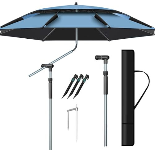 Sonnenschirm Für Den Außenbereich Fishing Angelschirm Windschutz Strandsonnenschirm UPF 50+ Regenschirm Tragbar Gartenschirm mit Erdspieß(ø260cm)
