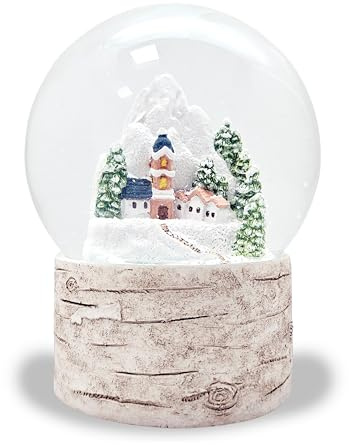 Schneekugel Weihnachten Landhaus | Bergdorf mit Kirche | Sockel Holzoptik | Schüttelkugel | H: 12 cm B: 10 cm | 20303