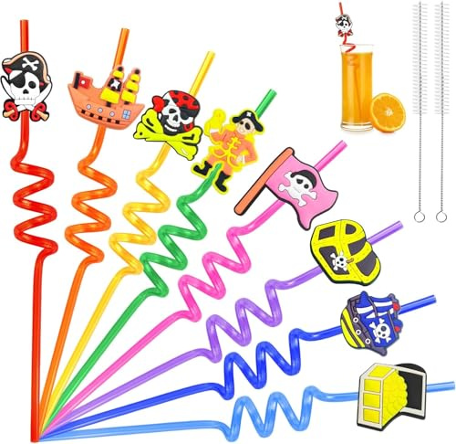 Realure 16 Pièces Pailles Pirates, Réutilisables Pailles avec 2 Brosses de Nettoyage, Nouveauté Pailles Spirale, Pailles en Plastique pour Enfants pour La Décoration d'Anniversaire