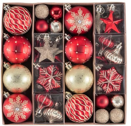 Valery Madelyn 60pcs 3-6.5cm Shatterproof Christmas Baubles, Luxury Red and Gold Christmas Ball Ornaments for Tree Decorations