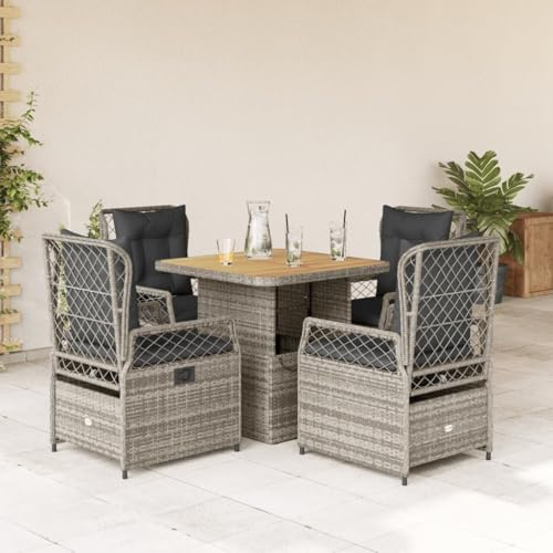 IKAYAA Rattan Essgruppe für 4 Personen,Gartenmöbel Essgruppe mit Tisch 80 cm Tischlänge und 4 Verstellbare Hochlehner Stühlen, Garten Sitzgruppe inkl. Sitzkissen Grau
