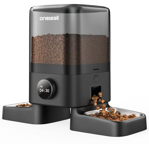 oneisall Automatic Cat Feeder for 2 Cats Pets, 20 Cups/5L | Prevent Fighting, Precise Portions, Balanced Dispensing, Large Kibble Support, Non-Slip & Stable, Stainless Steel Bowls