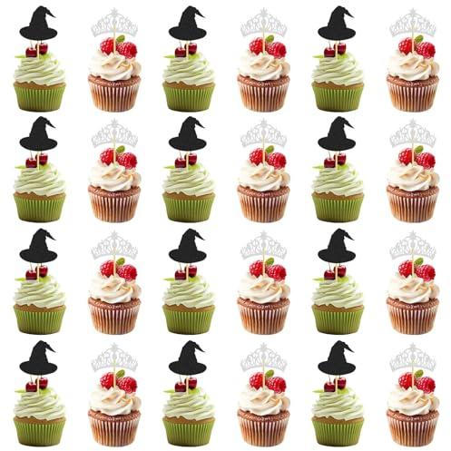 24 decoraciones para cupcakes, adorno de sombrero de papel con forma de bruja y corona, suministros para fiestas malvadas, adornos para cupcakes y postres, ideales para fiestas temáticas