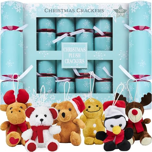 KreativeKraft Crackers di Natale, 6 Pacco di Christmas Crackers Ripieni con Peluche Natalizi, Senza Scoppio, Decorazioni Natalizie (Multicolori Peluche)