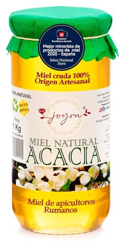 Miel Cruda de Acacia 1 Kg, 100% Pura de Abeja, Natural sin Pasteurizar | Origen rumano, sabor suave y dulce, sin aditivos ni mezclas, conserva polen, enzimas y antioxidantes, 27 variedades.