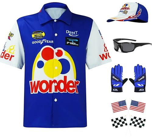 JQAKFIY Ricky Bobby Costume Halloween Cal Naughton Shirt Race Car Driver Sports With Sunglasses Hat Props Cosplay Set XL