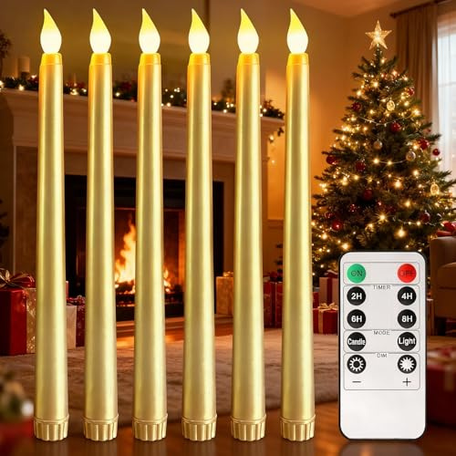 SUNOYA LED Stabkerzen mit Timerfunktion und Fernbedienung, 6 Stück Batteriebetriebene LED Kerzen Flackernde Flamme 2,1 x 27,5cm, 3D-Dochtlicht, Elektrische Kerzen für Weihnachten, Heimdekoration