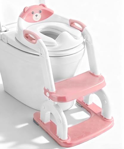 Eixara Kinder Toilettensitz Treppe faltbar höhenverstellbar rosa 1-6 Jahre | 2in1 Höhenverstellbar Faltbarer Toilettensitz Kinder mit Gepolstertem Sitz,Spritz-und Stabilen Rutschfester Tritt