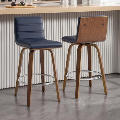 Bekrvio Swivel Counter Height Bar Stools Set of 2 with Back | Mid-Century Modern, Bentwood Frame, Faux Leather Seat, 360° Swivel Design, Heavy Duty 200KG