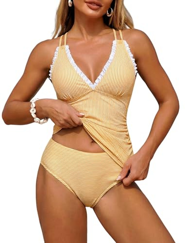 ZAFUL Bathing Suit for Women Tummy Control Swimsuits High Waisted Two Piece Tankinis Cute Retro Smocked Push Up Tankini with Adjustable Straps Slimming Full Coveraged Tankinis Swimwear Yellow XL