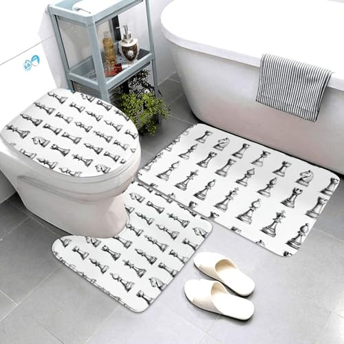 Nevjipu Set di 3 tappeti da bagno con stampa a scacchi, assorbenti, antiscivolo, lavabili, a forma di U, tappetino per il contorno del WC, tappetino per doccia, tappetino da bagno per WC e vasca da