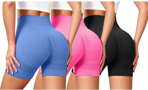 Generico 3 Pezzi Pantaloncini Palestra Donna Antisfregamento Vita Alta Push Up, Shorts Yoga 3D Modellanti Anti Cellulite Leggins Corti, Pantaloncini Sportivi Elasticizzati per Fitness