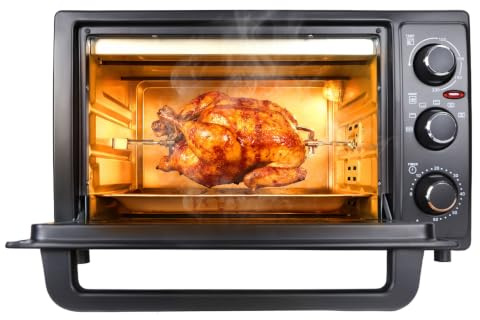 Mini Four Électrique 32 L à Chaleur Tournante, Four Posable Compact 1500 W avec Tournebroche, Température jusqu’à 230 °C, Minuteur 60 Min, Grille, Plaque de Cuisson, Finition Inox Black