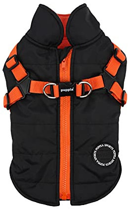 Puppia Hochwertiger Hundemantel für kleine Hunde und mittelgroße Hunde - wasserdicht und mit Fleece gefüttert für angenehme Wärme - Hundemantel mit Geschirr, Schwarz-Orange, M, PAPD-VT1366-BO-M