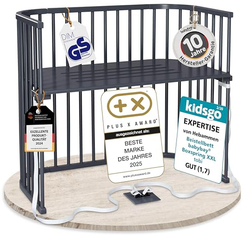 babybay Boxspring XXL Beistellbett aus massivem Buchenholz / Kinderbett Höhe stufenlos verstellbar & umweltfreundlich / mitwachsendes Babybett (schiefergrau lackiert)