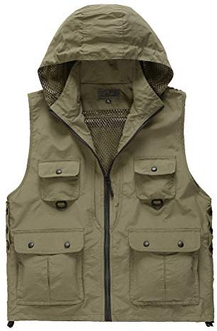 Daoba Herren Schnell Trocknend Outdoor Weste mit Kapuze Multifunktionsweste mit Vielen Taschen Angel-Westen für Jagd Camping Fotografie Wasserdicht