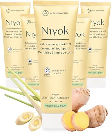 Niyok Zahncreme Zitronengras & Ingwer 5 x 75 ml | Fluoridfreie Zahnpasta mit Bio-Kokosöl, Xylit und Kreide für ein frisches Mundgefühl