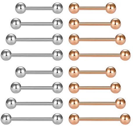 LAURITAMI 8 Paar Zungenpiercing 14G 12/14/16/18mm Stablänge Chirurgenstahl Zunge Brustwarzen Barbell Piercing Straight Bar