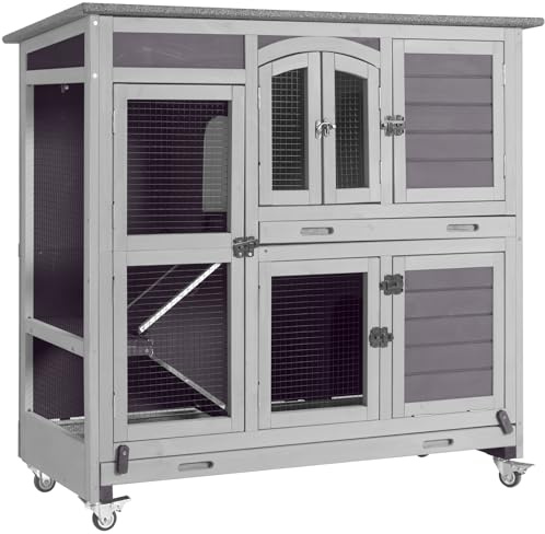Aivituvin Two Story Rabbit Hutch Bunny Cage with Wheels, Indoor Outdoor Guinea Pig Cage with 2 Deep No Leak Tray