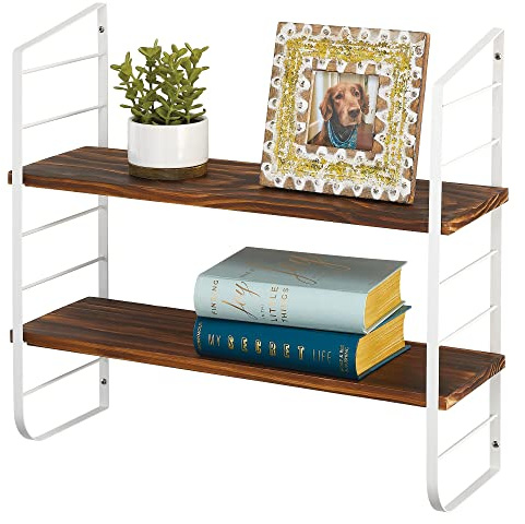 mDesign modernes Wandregal mit 2 Regalböden – Holzregal mit rostbeständigen Metallhalterungen – Hängeregal für Bad, Küche, Büro, Schlafzimmer etc. – mattweiß