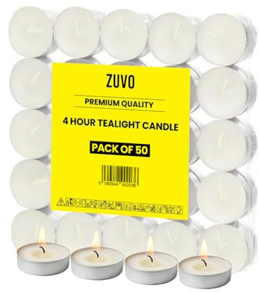 Tea Lights Candles 4-Hour Burn (50 Pack) - White t Lights - Unscented 3.8 x 1.3 cm - 4hr - Zuvo
