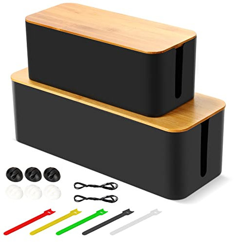 Cable tidy box, Set of 2 cable management box for Cable and Cord Management, Cable organisers with Bamboo Lid for Hiding Messy Cables Wire Management - Black