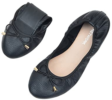 ERLINGO Ladies Roll up Shoes Foldable Ballet Flats with Bowknot Roll Up Ballet Pumps for Women Non Slip Fold Up Ballerina Dolly Shoes for Weddings and Parties Black