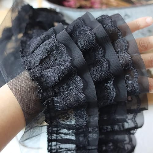 Yulakes 3D-Falten-Chiffon-Stoff, Organza-Spitzenband, bestickt, Rüschen, Spitzenborte, DIY, Kleid, Kleidung, Kragen, Nähdekoration, 12 cm breit, 1 m lang, Weiß / Schwarz