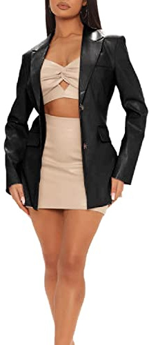 FeMereina Womens Leather Blazer Coat Long Sleeve Oversized Lapel Faux PU Leather Jacket Button Front Pocket Coat Vintage Outerwear (Black, X-Large)